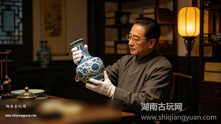 放大镜观察青花瓷碗 古玩鉴定
