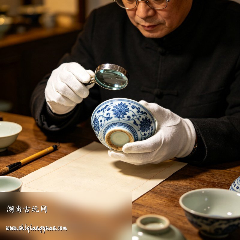 古陶瓷鉴定场景 古瓷鉴定 行家持放大镜检查瓷器底足